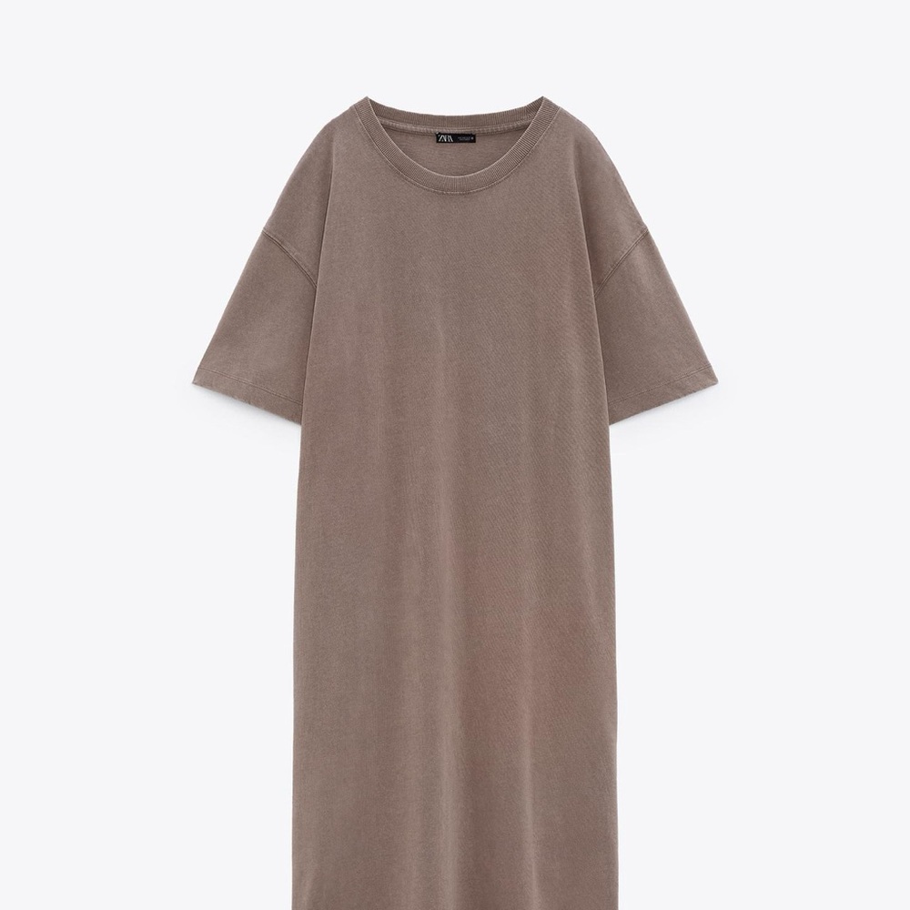 Zara Brown Midi Shirt Dress with Crew Neck and Short Raglan Sleeves